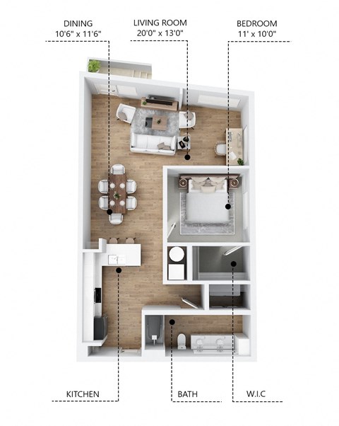 Floor plan for 1 bed, 1 bath, 860 sqft